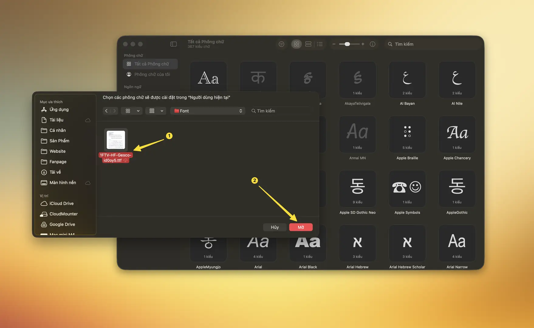 cài đặt font chữ bằng Font Book