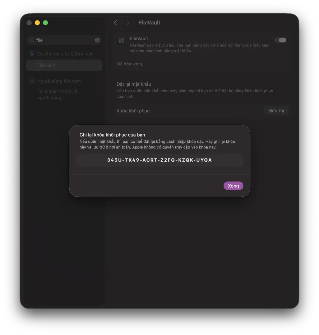 Hướng dẫn sử dụng FileVault Recovery Key trên Mac (Intel và M1)