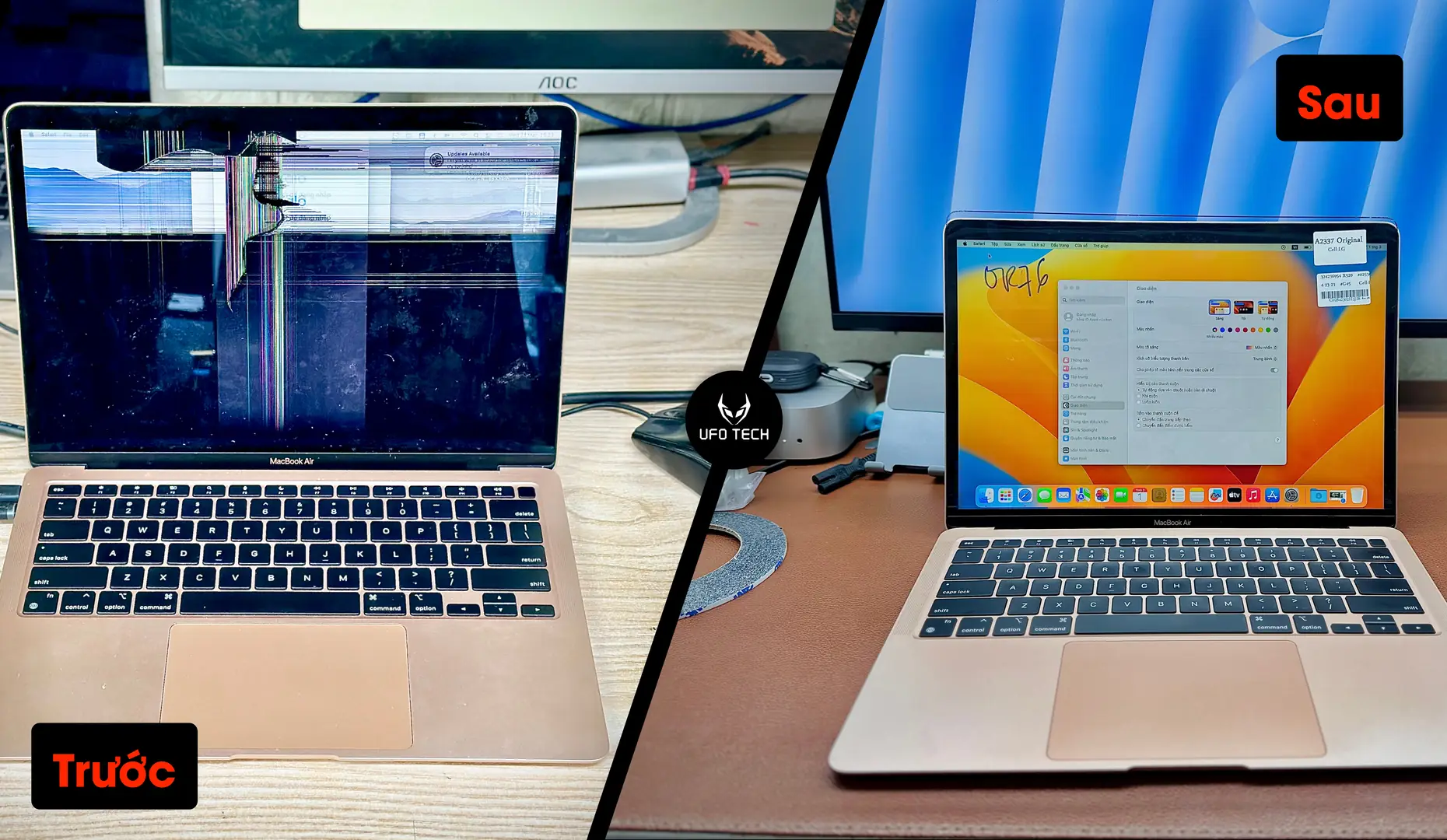 So sánh màn hình MacBook Air M1 trước và sau khi thay tại UFOTECH.