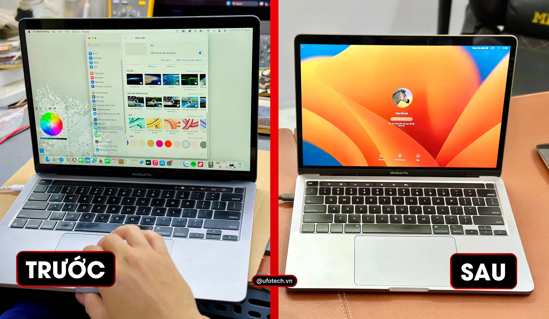 Hình ảnh so sánh màn hình MacBook bị đốm sáng trước và sau khi thay phản quang tại UFOTECH