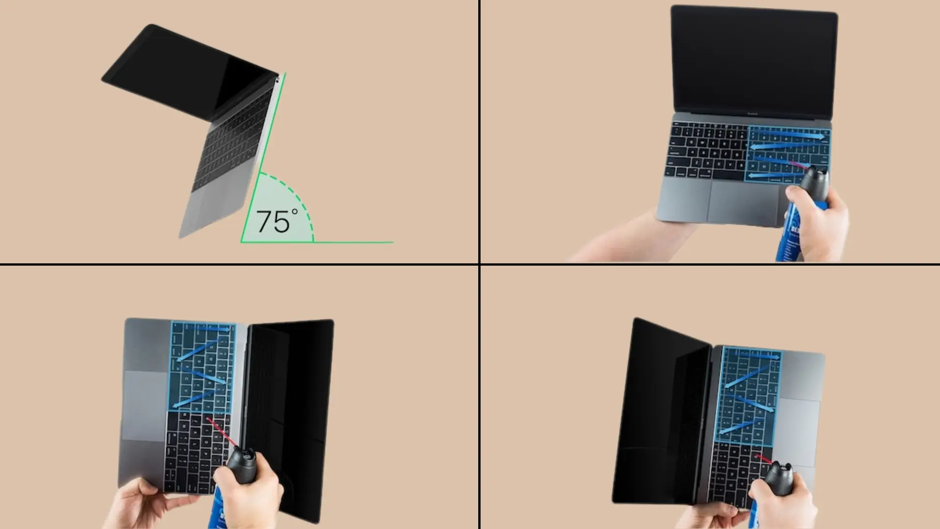 Kỹ thuật cầm MacBook nghiêng 75 độ và hướng thổi khí nén vào bàn phím
