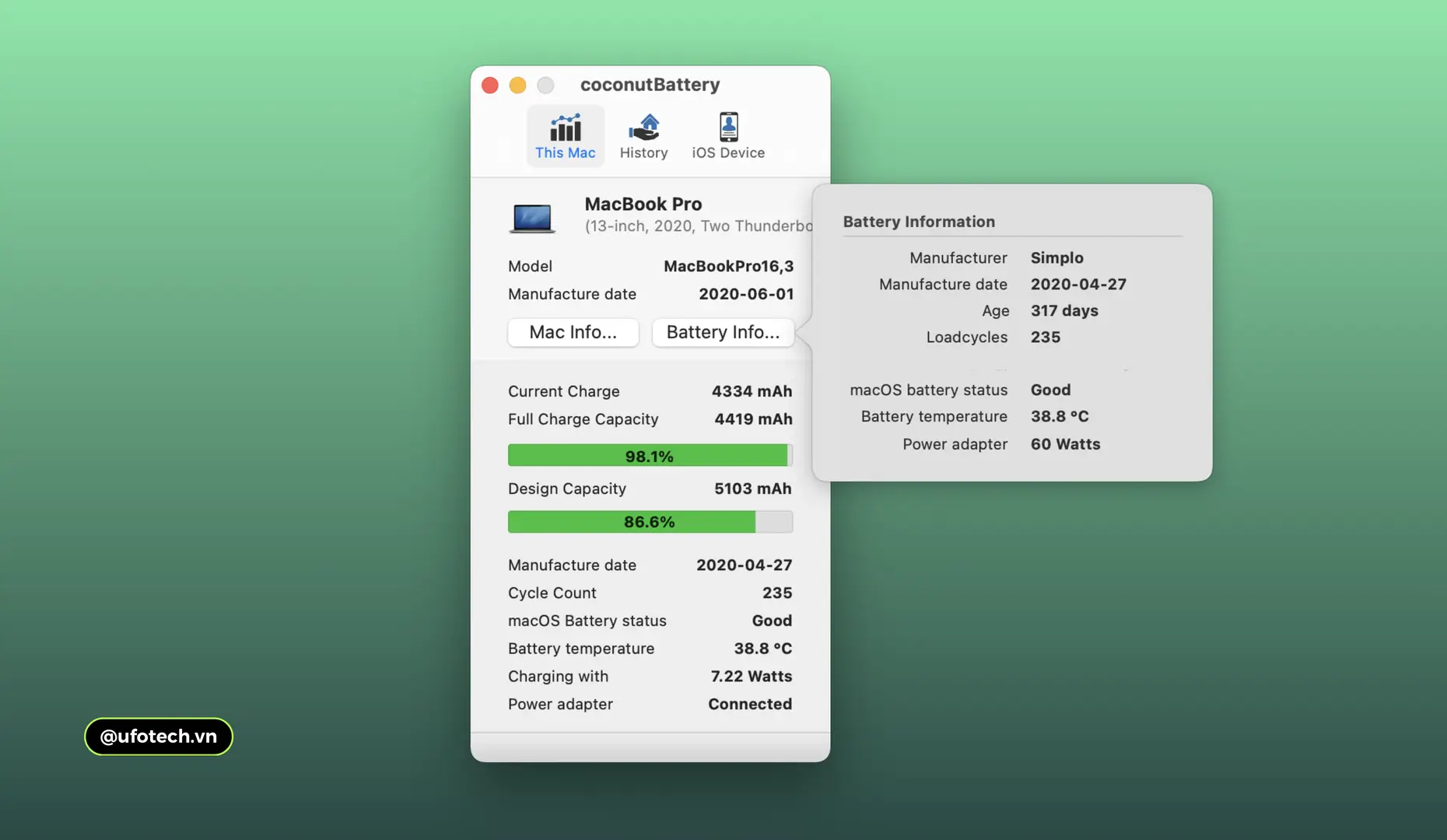 Giao diện phần mềm kiểm tra pin MacBook coconutBattery